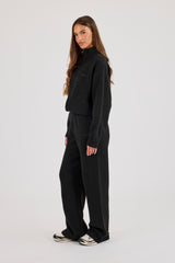Knitted Embroidered Logo Funnel Neck Zip Through & Wide Leg Jogger - Black