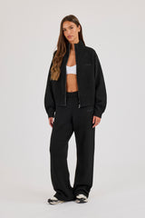 Knitted Embroidered Logo Funnel Neck Zip Through - Black