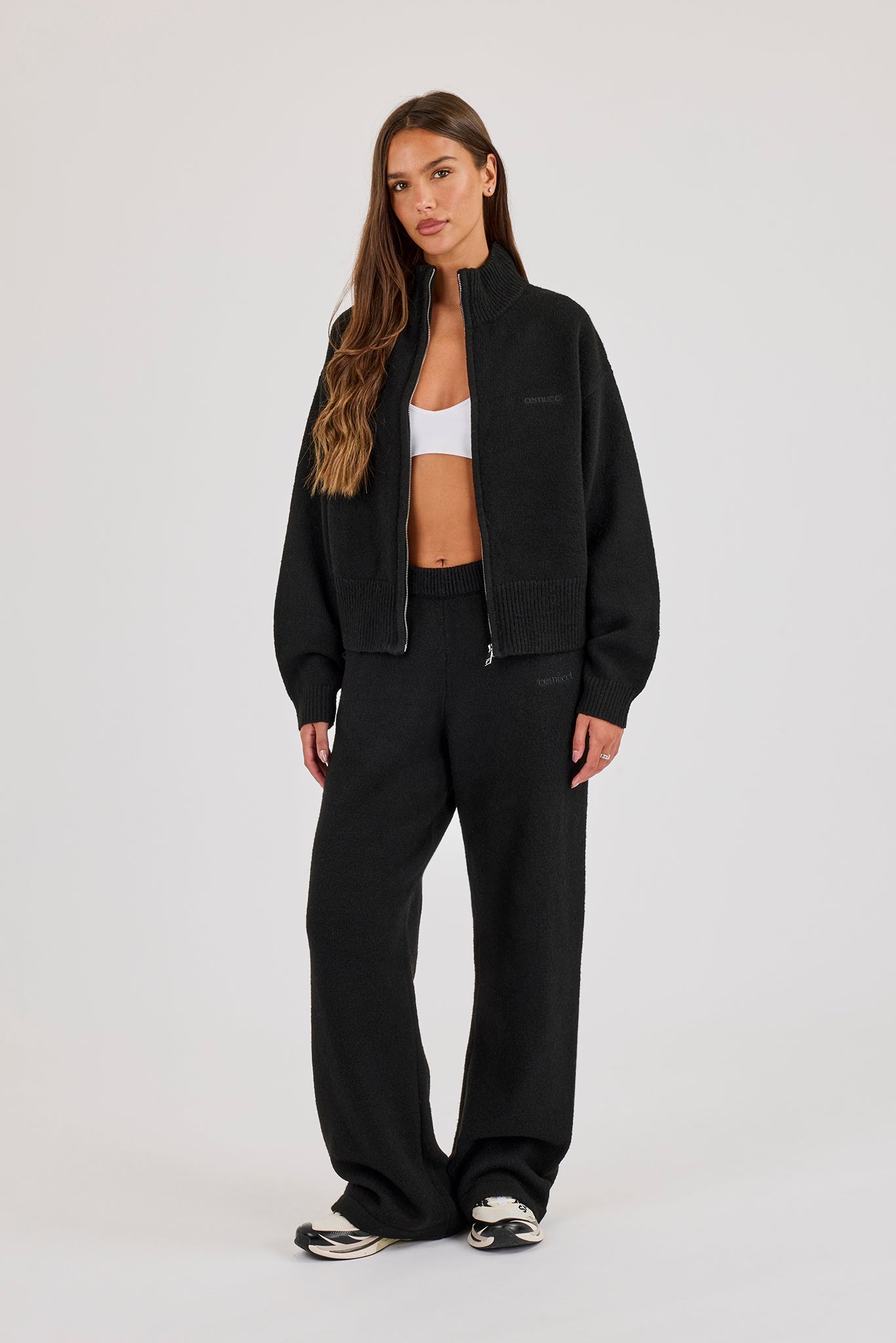 Knitted Embroidered Logo Funnel Neck Zip Through & Wide Leg Jogger - Black