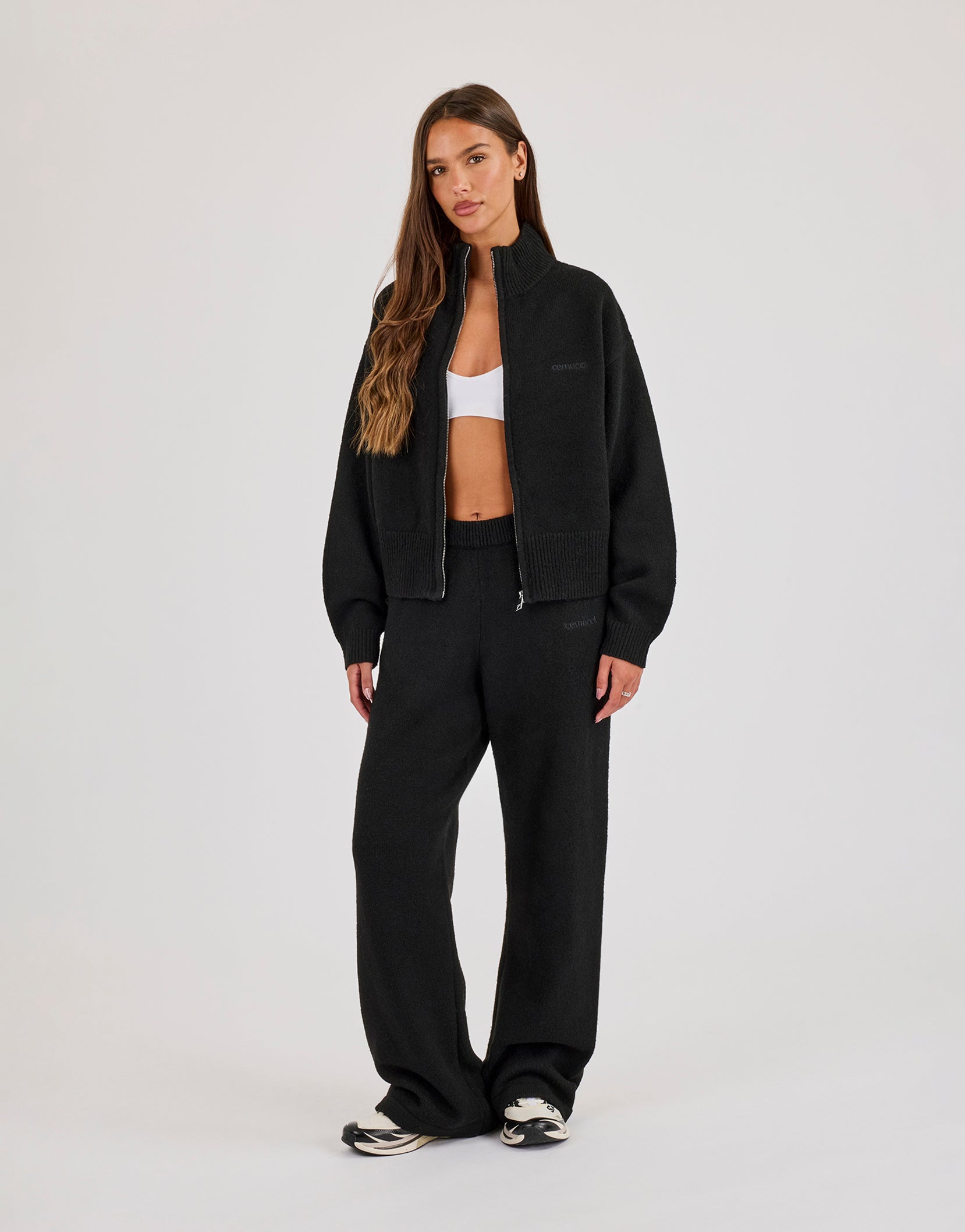 Knitted Embroidered Logo Funnel Neck Zip Through & Wide Leg Jogger - Black