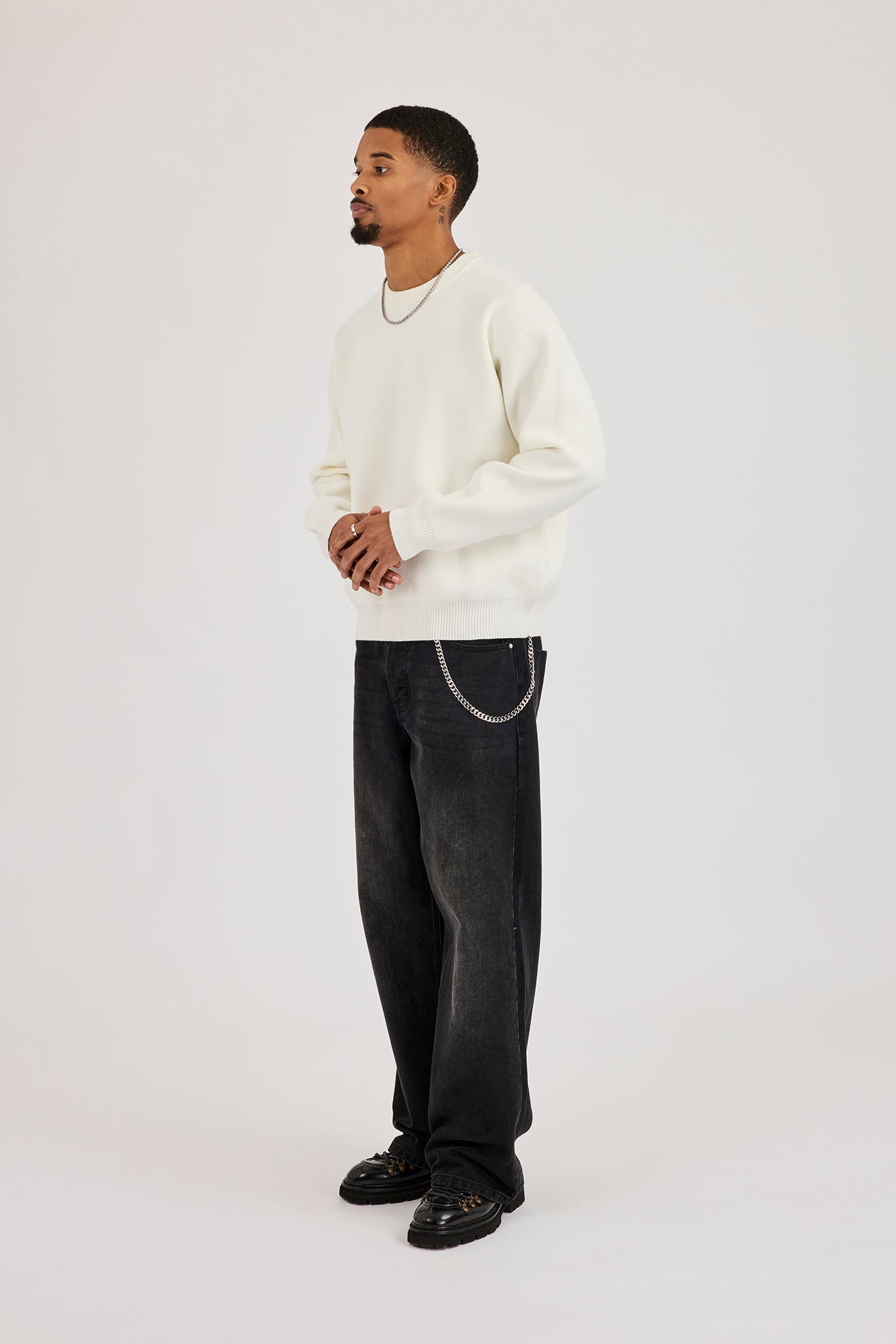 Knitted Back Intarsia Sweatshirt - Off White