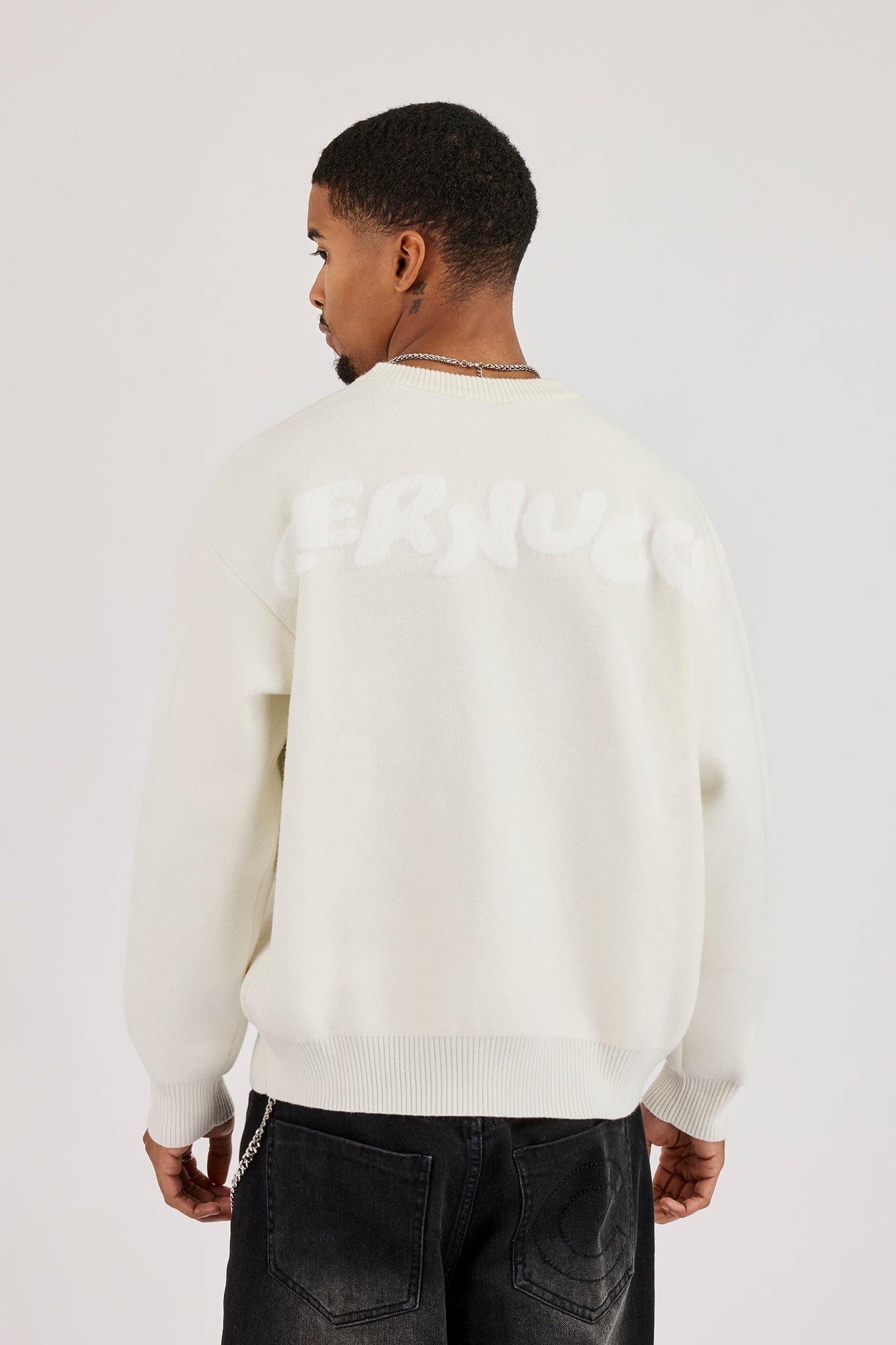 Knitted Back Intarsia Sweatshirt - Off White