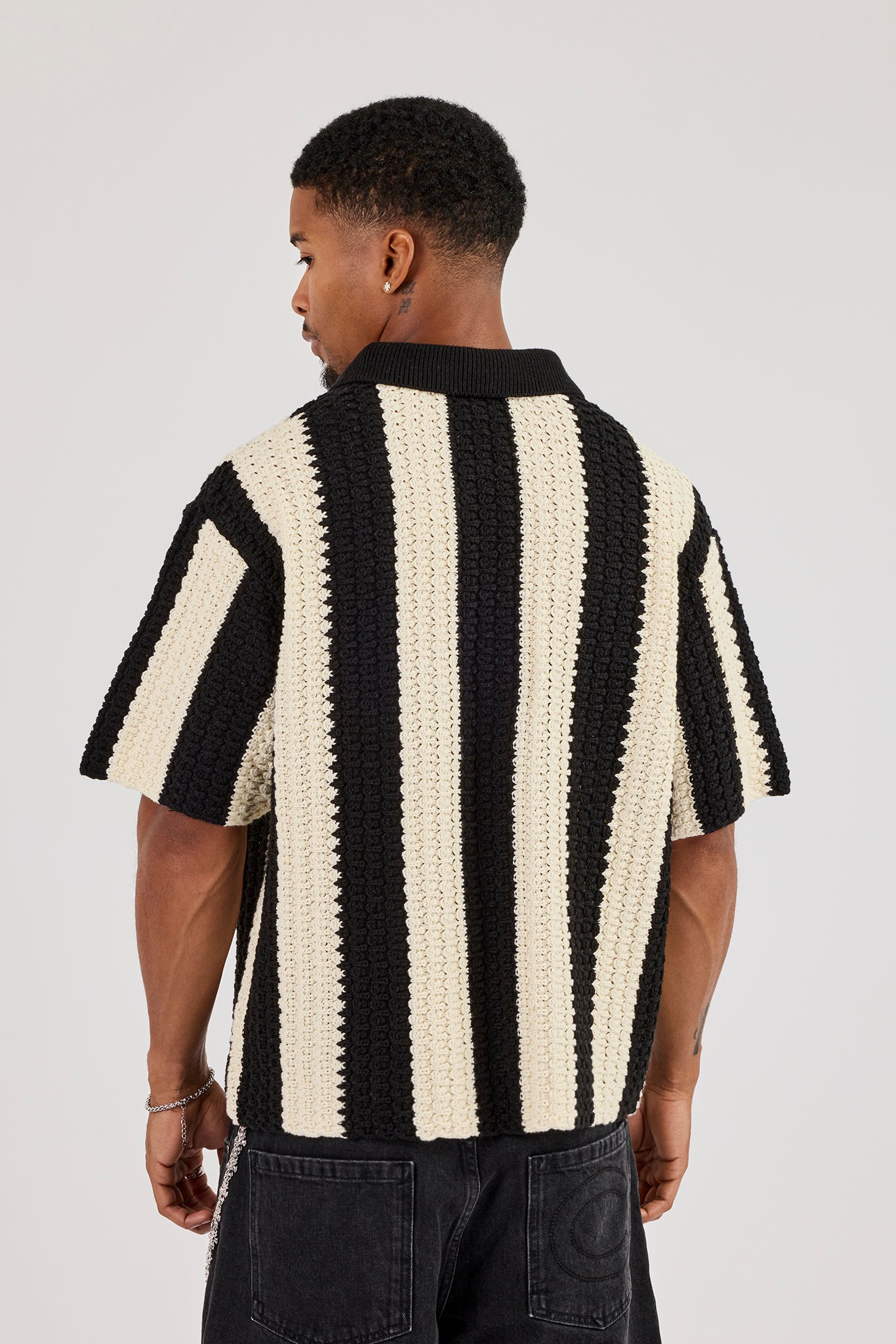 Knitted Striped Football Top - Black
