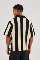 Knitted Striped Football Top - Black