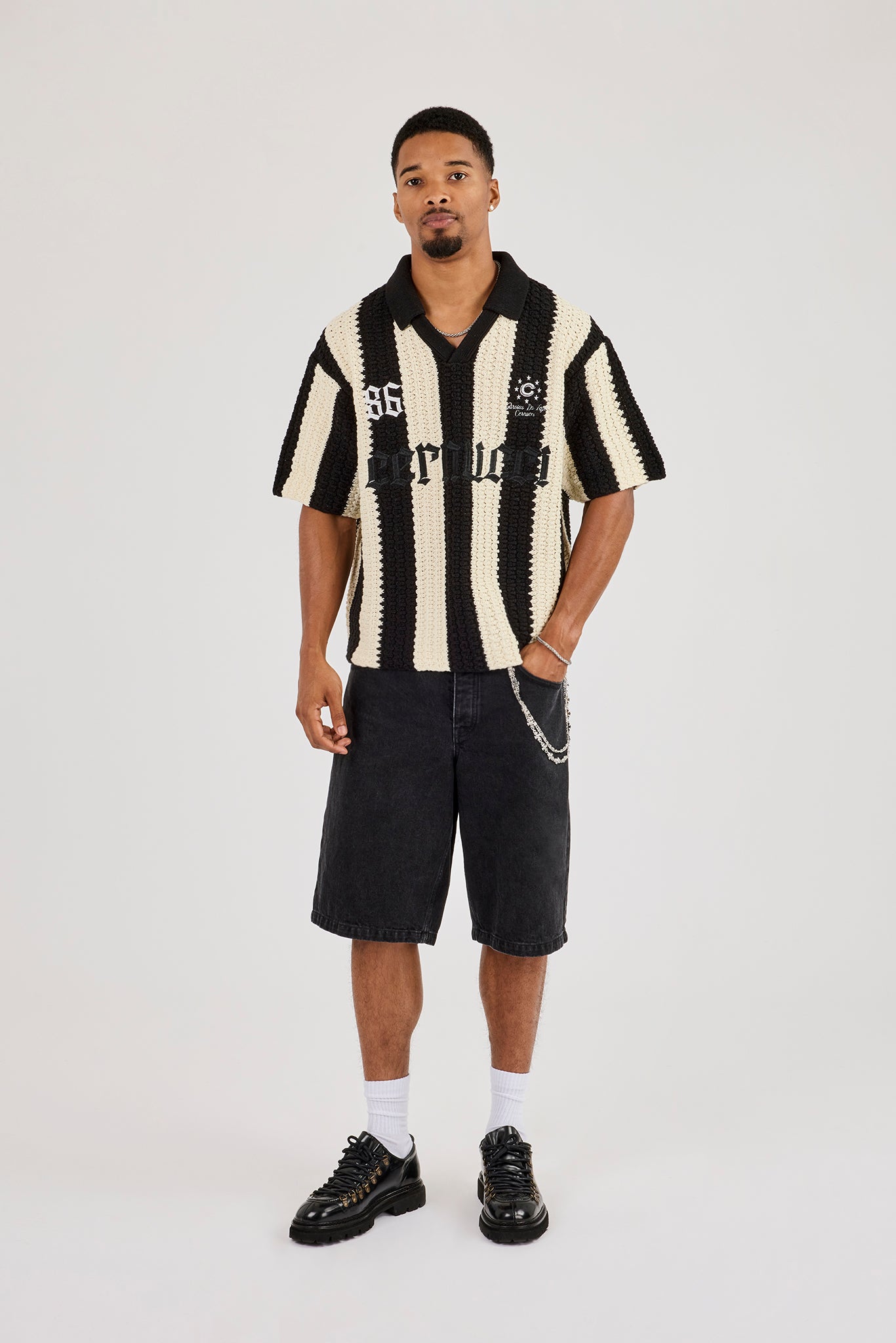 Knitted Striped Football Top - Black