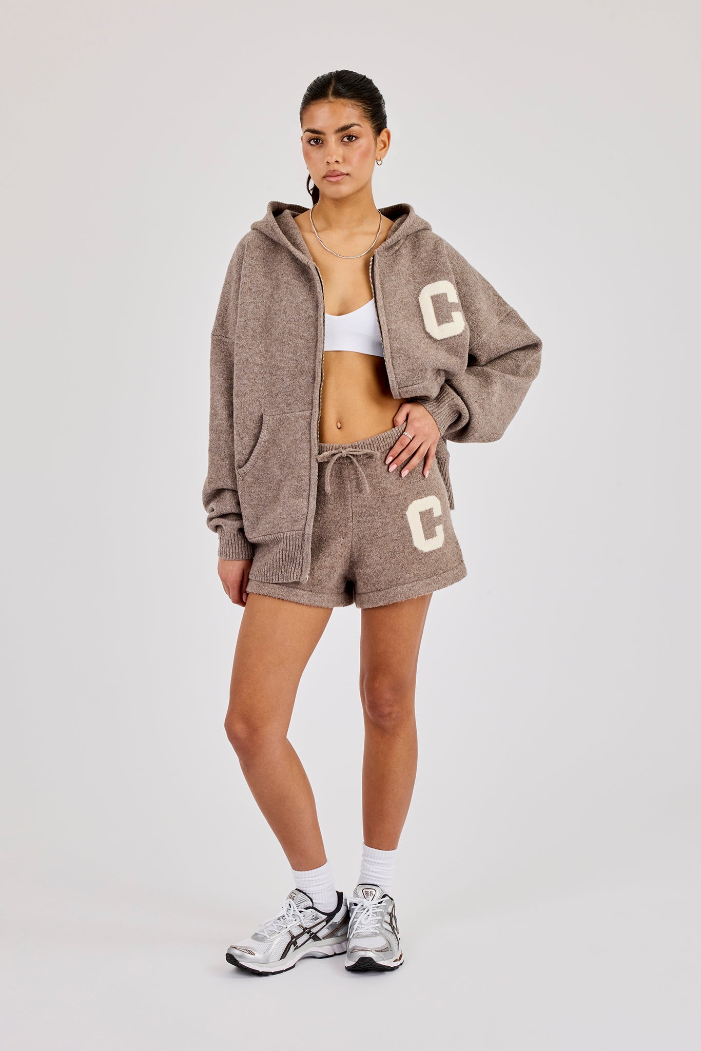 Hooded Zip Through Knitted Hoodie & Short - Taupe