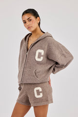 Hooded Zip Through Knitted Hoodie & Short - Taupe