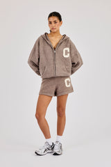 Hooded Zip Through Knitted Hoodie & Short - Taupe