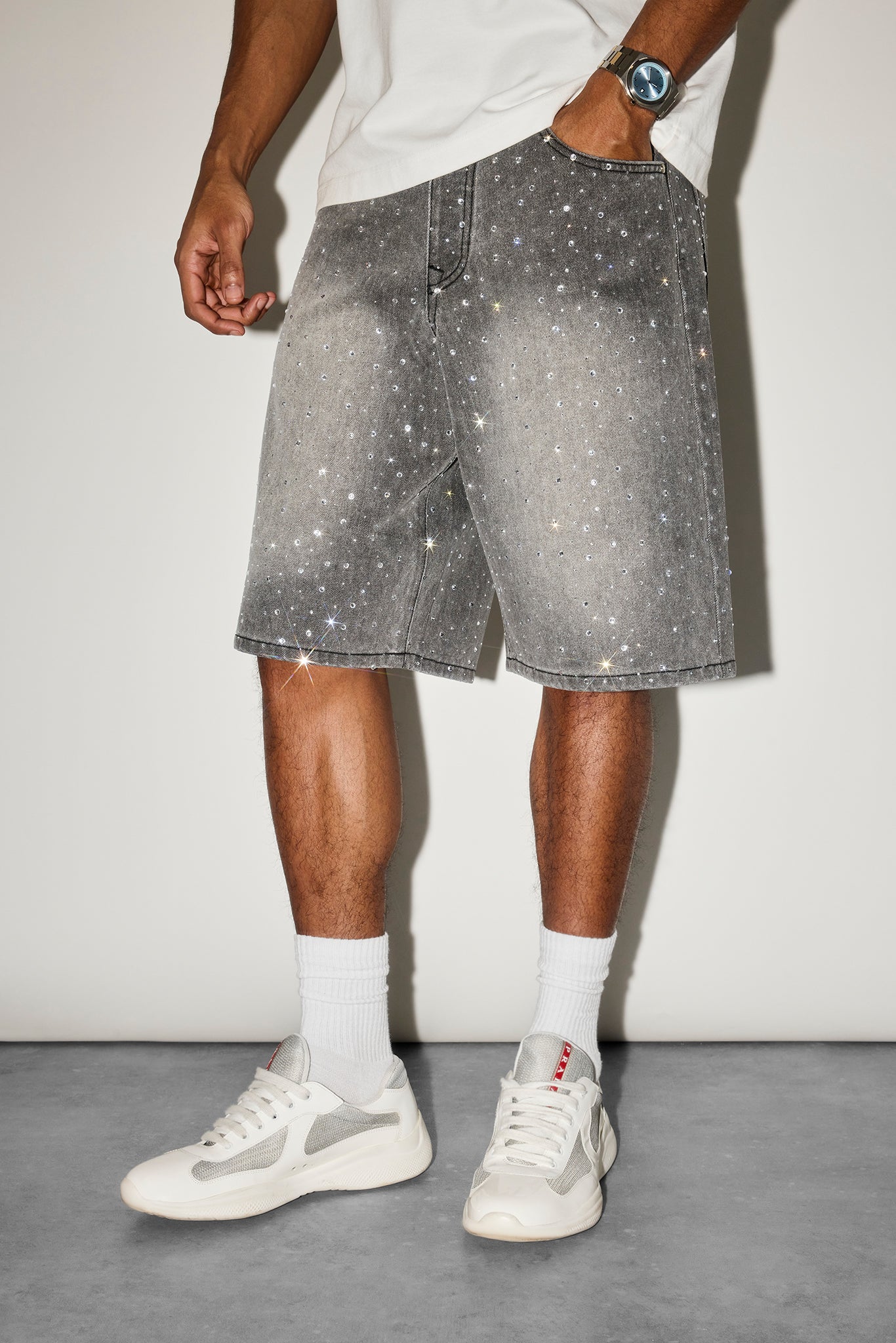 Rhinestone Jort - Washed Grey