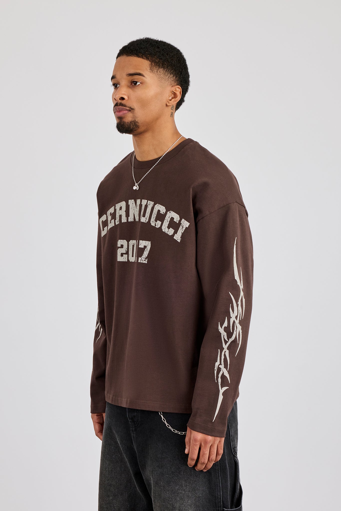 Sleeve Print Long Sleeve T-Shirt - Chocolate