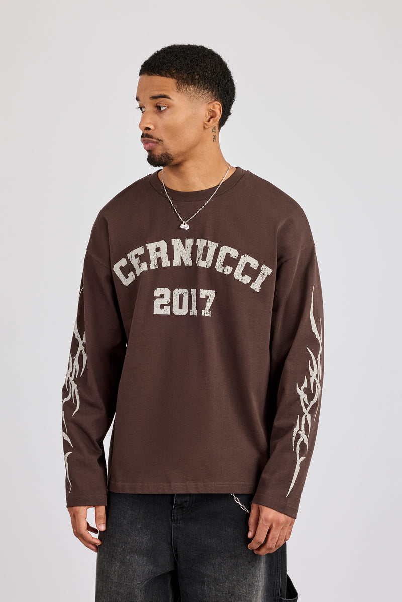 Sleeve Print Long Sleeve T-Shirt - Chocolate