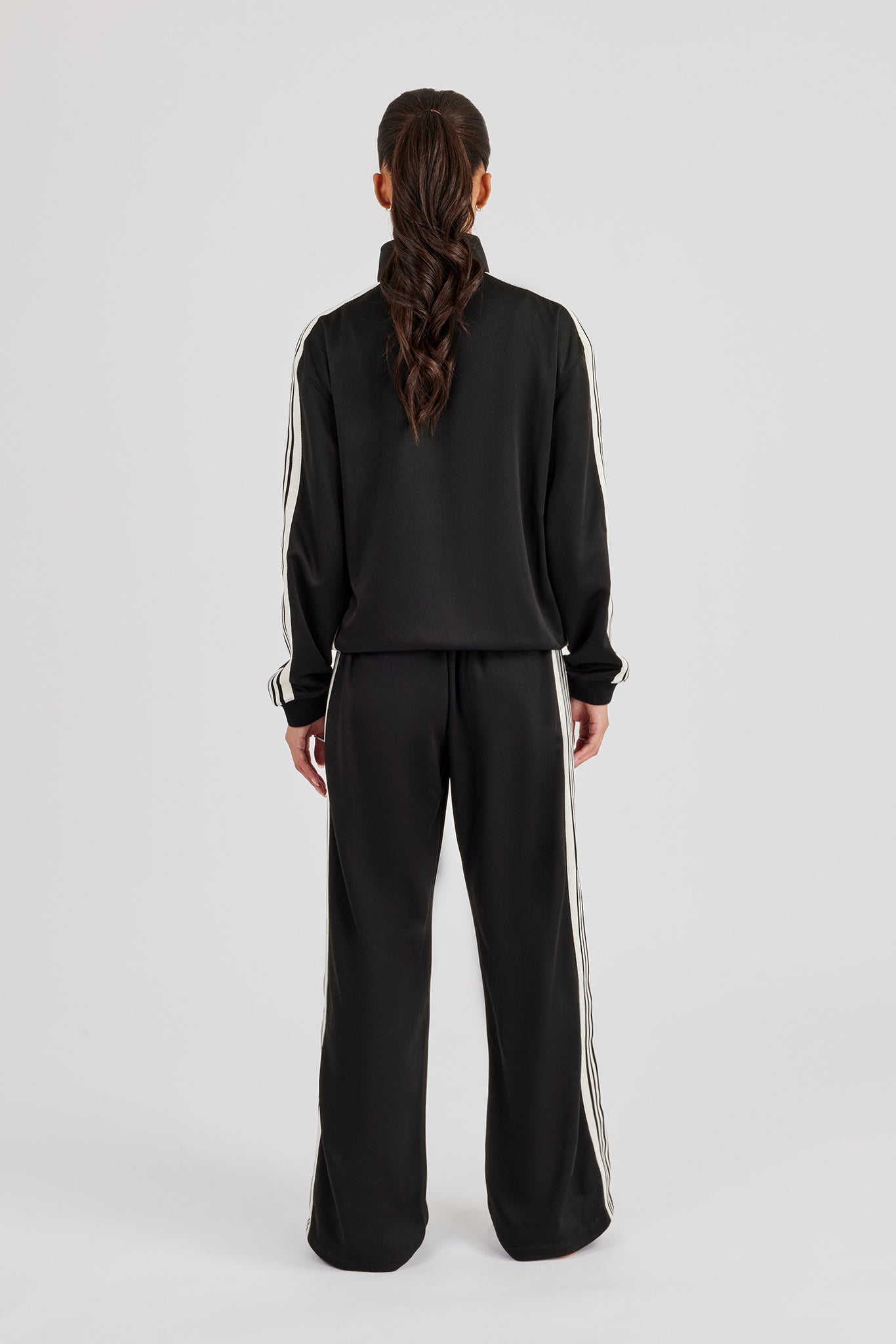 Damen-Trainingsjacke und -Trainingshose aus Polyester mit glattem Band – Schwarz