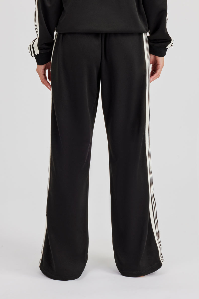 Damen-Trainingshose mit weitem Bein und glattem Polyesterband – Schwarz