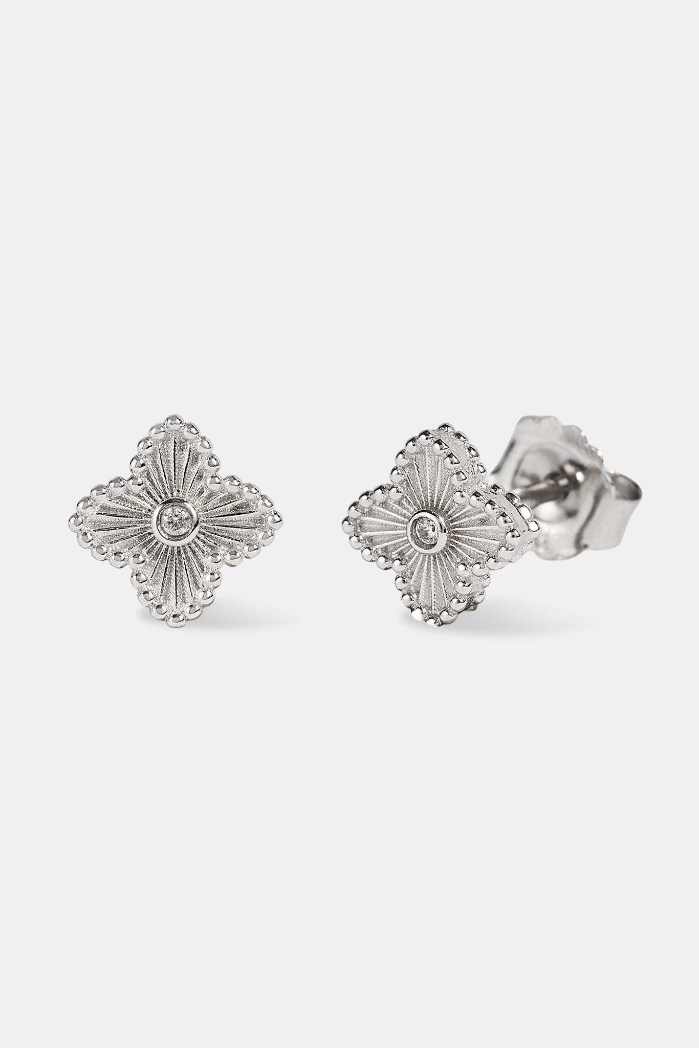 Motif Detailed Cz Stud Earrings - 8mm - White