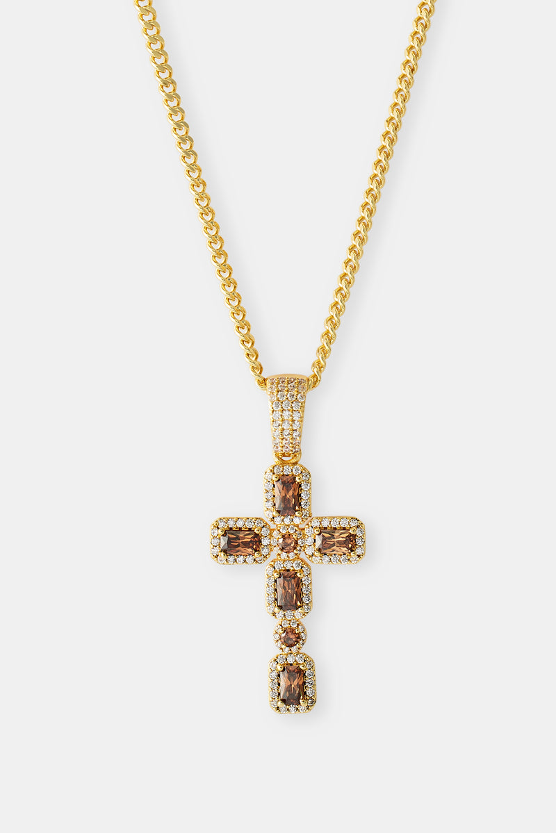 Iced Chocolate Gemstone Cross Cuban Necklace - 40mm - Gold
