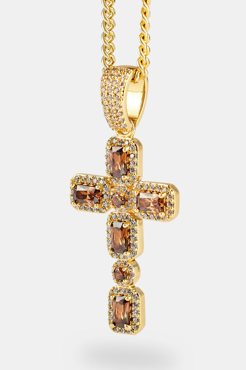Iced Chocolate Gemstone Cross Cuban Necklace - 40mm - Gold