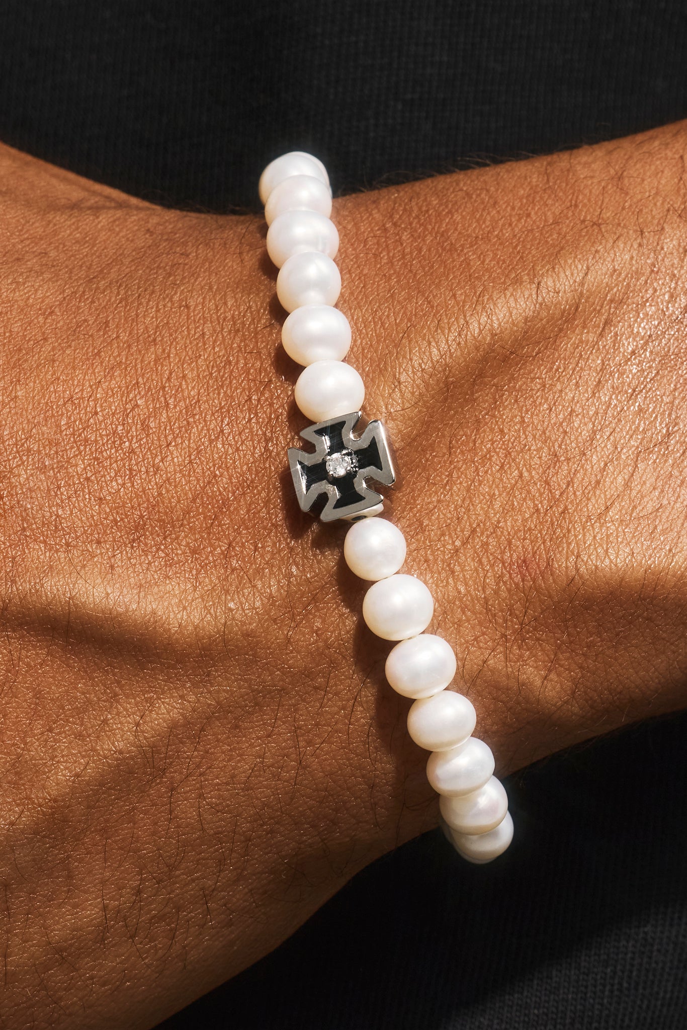 Mens Pearl & Iced Motif Bracelet - 4mm - White