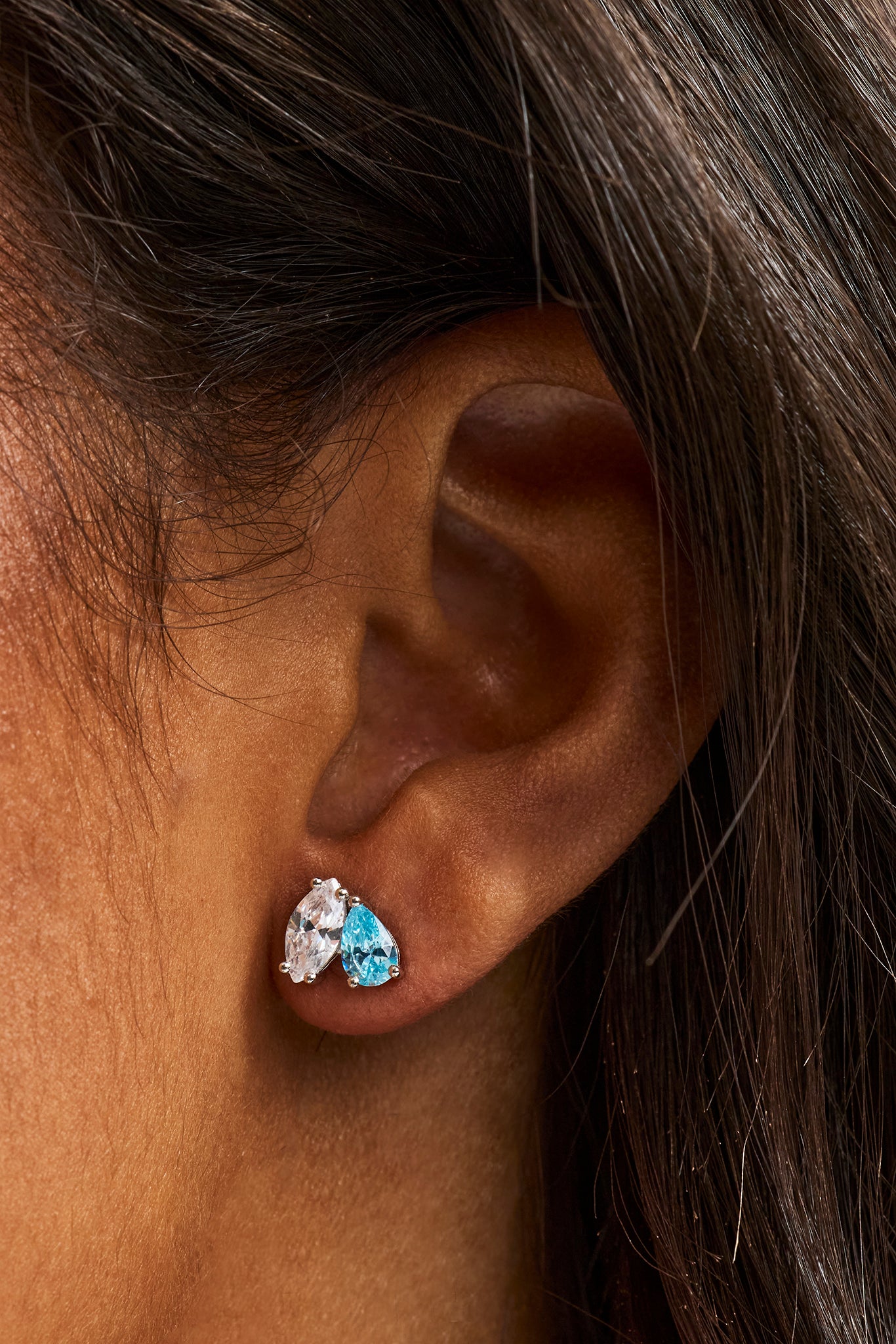 Blue & Clear Double Stone Stud Earrings - 5mm - White