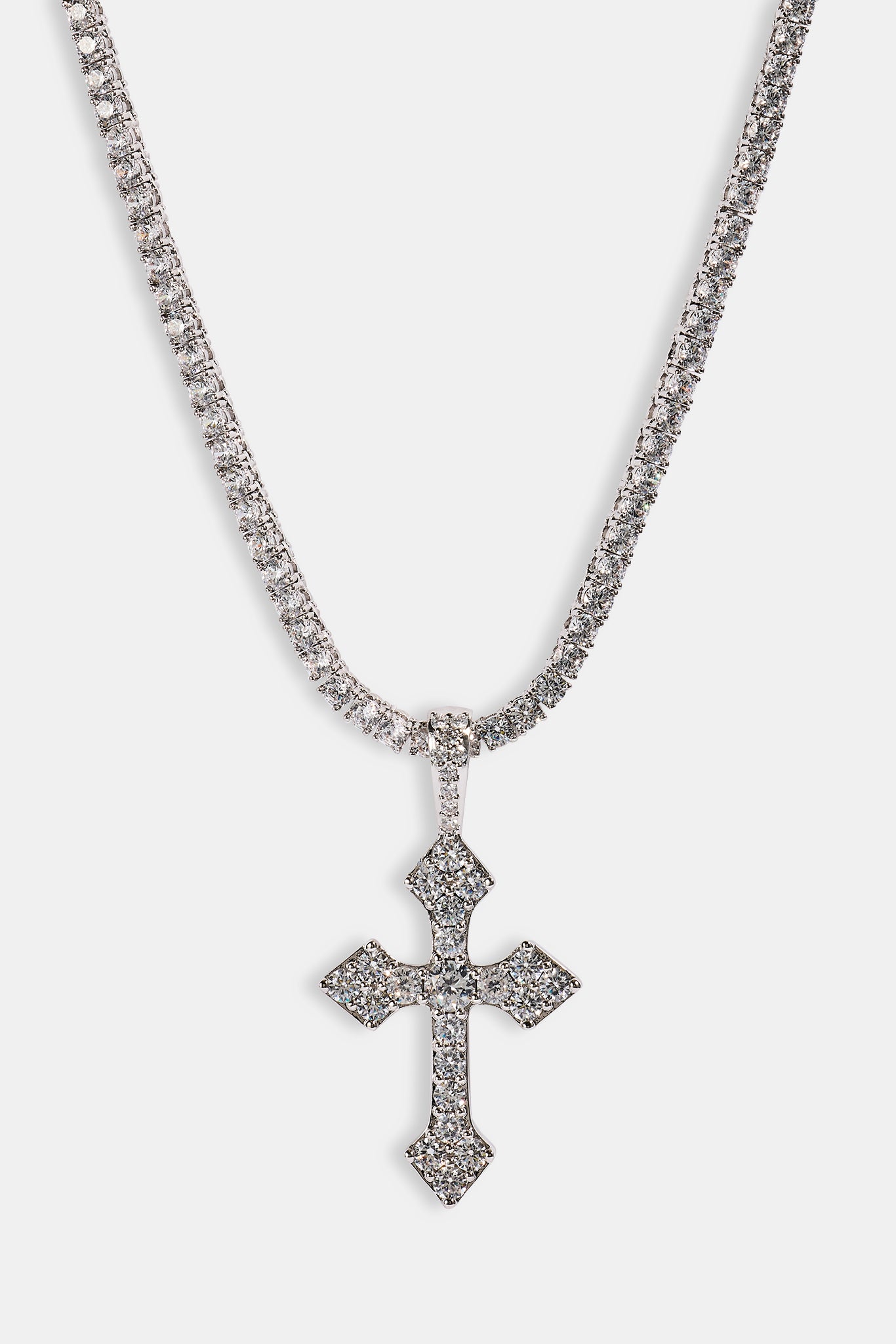 Celtic Cross Pendant Iced Tennis Necklace - 35mm - White