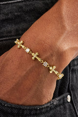 Polished Cross & Circular CZ Bracelet - 4mm - Gold