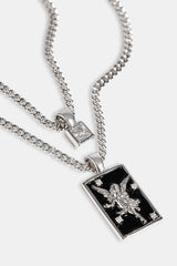 Black Enamel Double Layer Stone & Cherub Pendant Necklace - 20mm - White