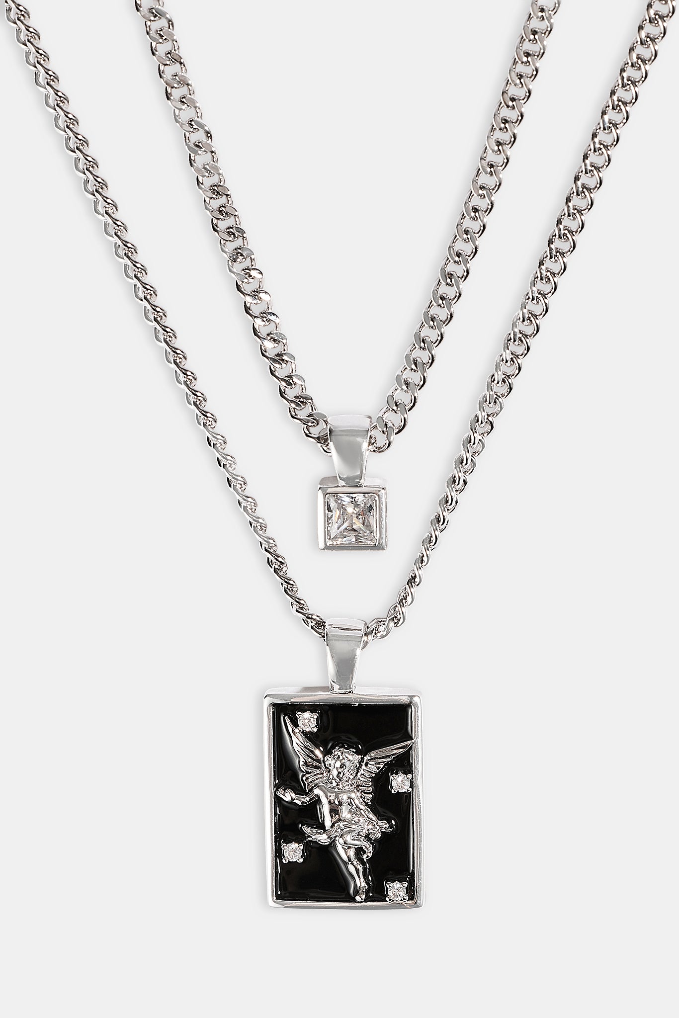 Black Enamel Double Layer Stone & Cherub Pendant Necklace - 20mm - White