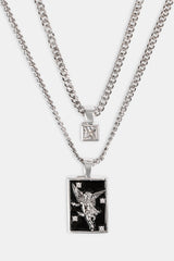 Black Enamel Double Layer Stone & Cherub Pendant Necklace - 20mm - White