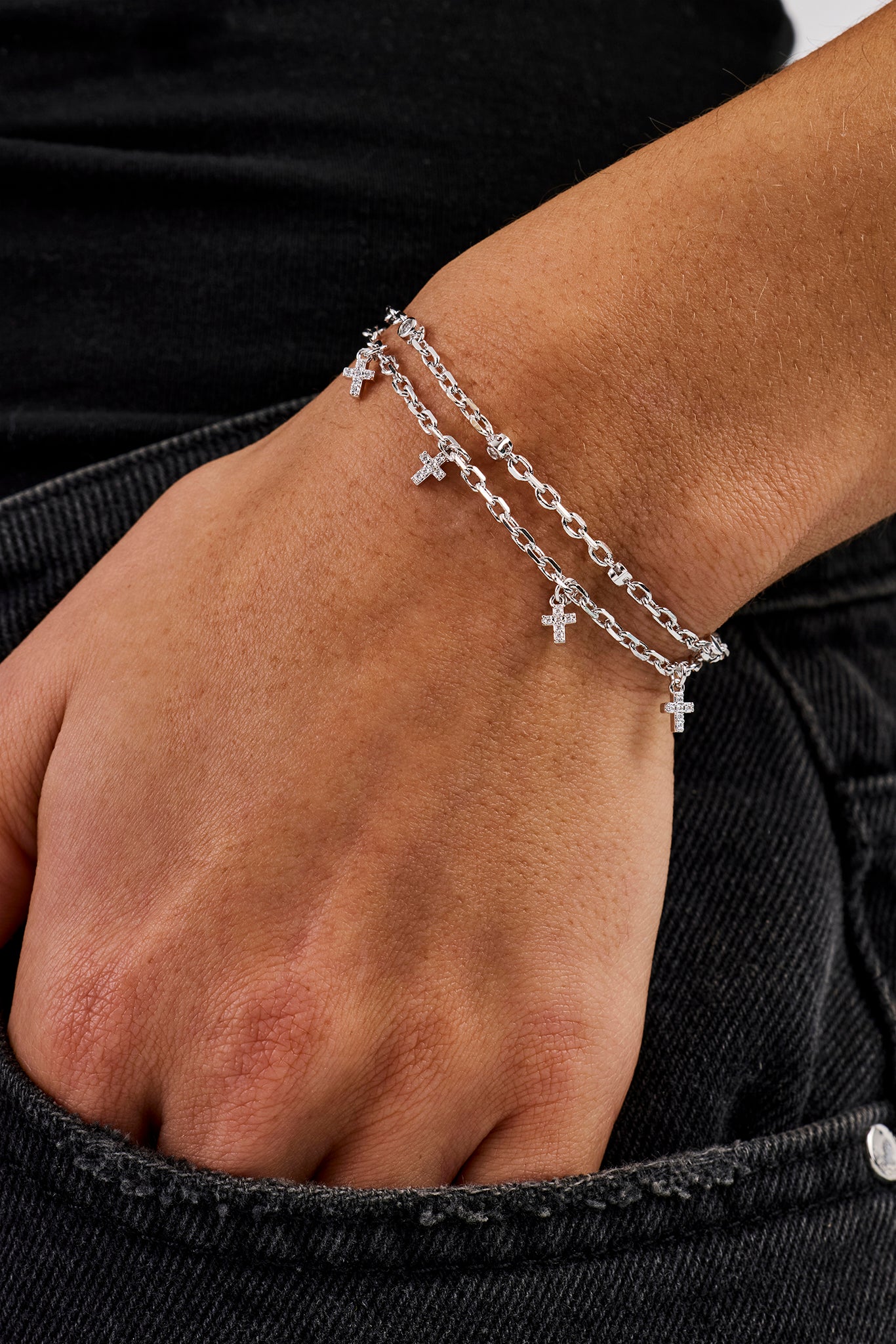 Double Layer Iced Cross Bracelet - 5mm - White