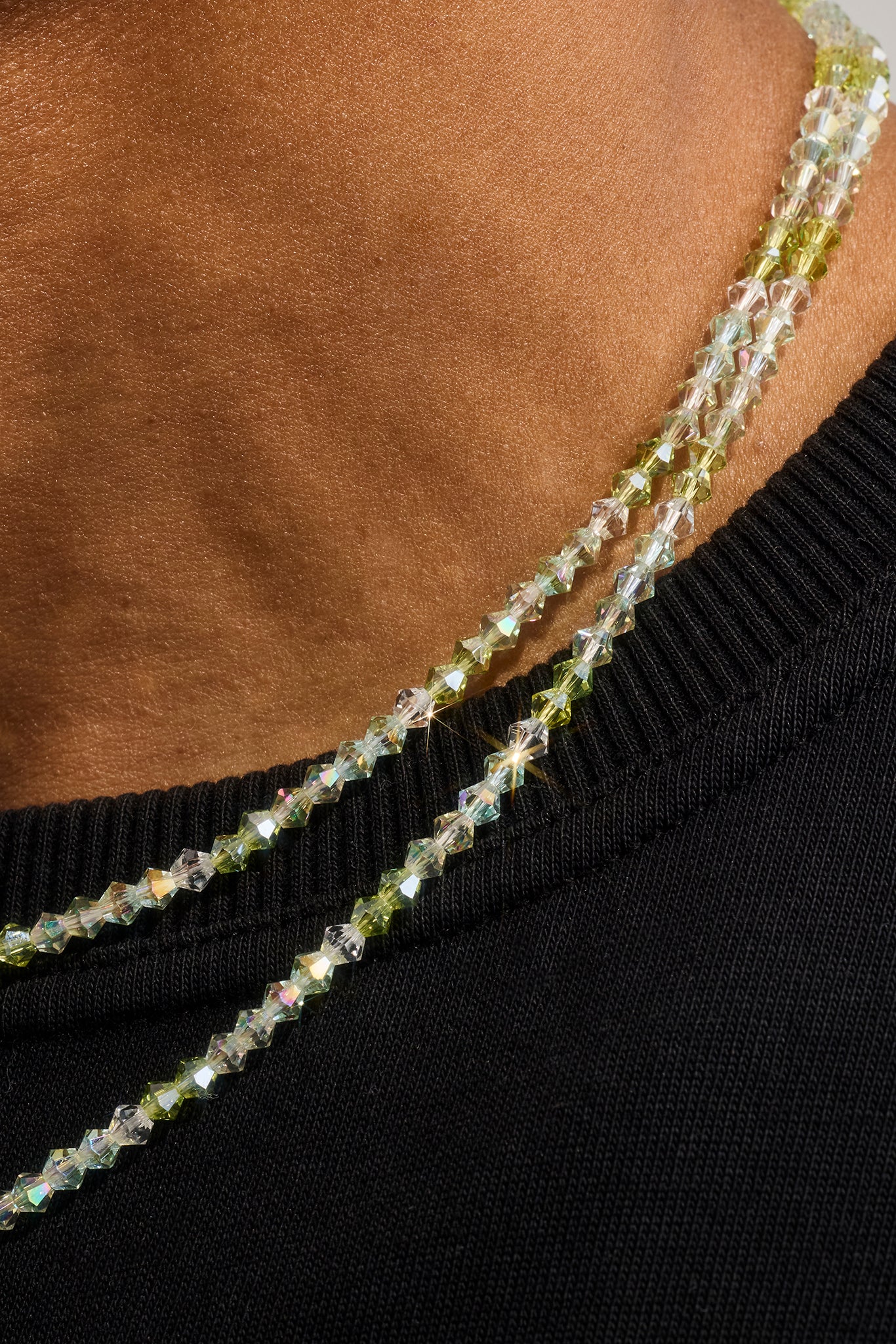 Mens Green Double Layer Glass Bead Necklace - 4mm - White