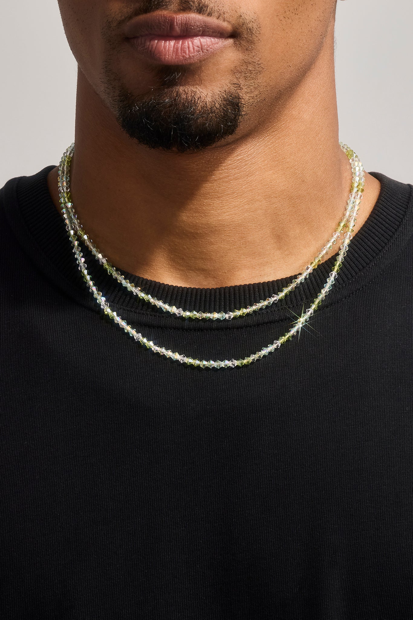 Mens Green Double Layer Glass Bead Necklace - 4mm - White