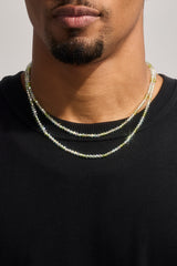 Mens Green Double Layer Glass Bead Necklace - 4mm - White