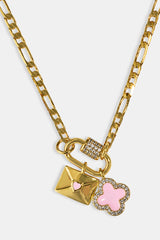 Iced Bar Pendant & Pink Enamel Motif Necklace & Bracelet - 10mm -  Gold