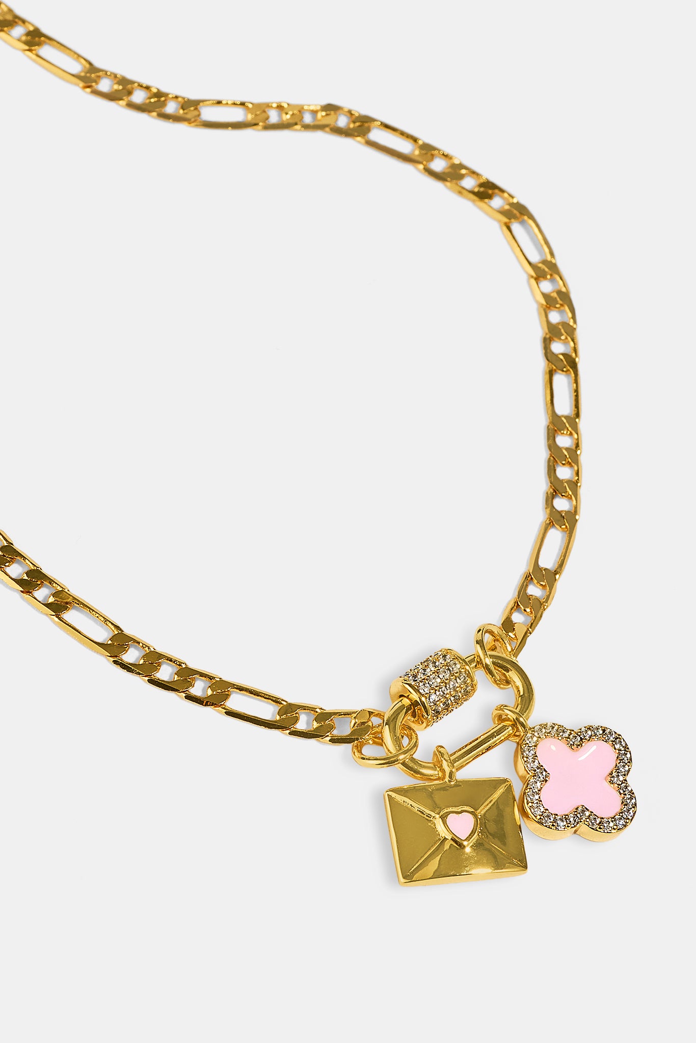 Iced Bar Pendant & Pink Enamel Motif Necklace - 10mm -  Gold
