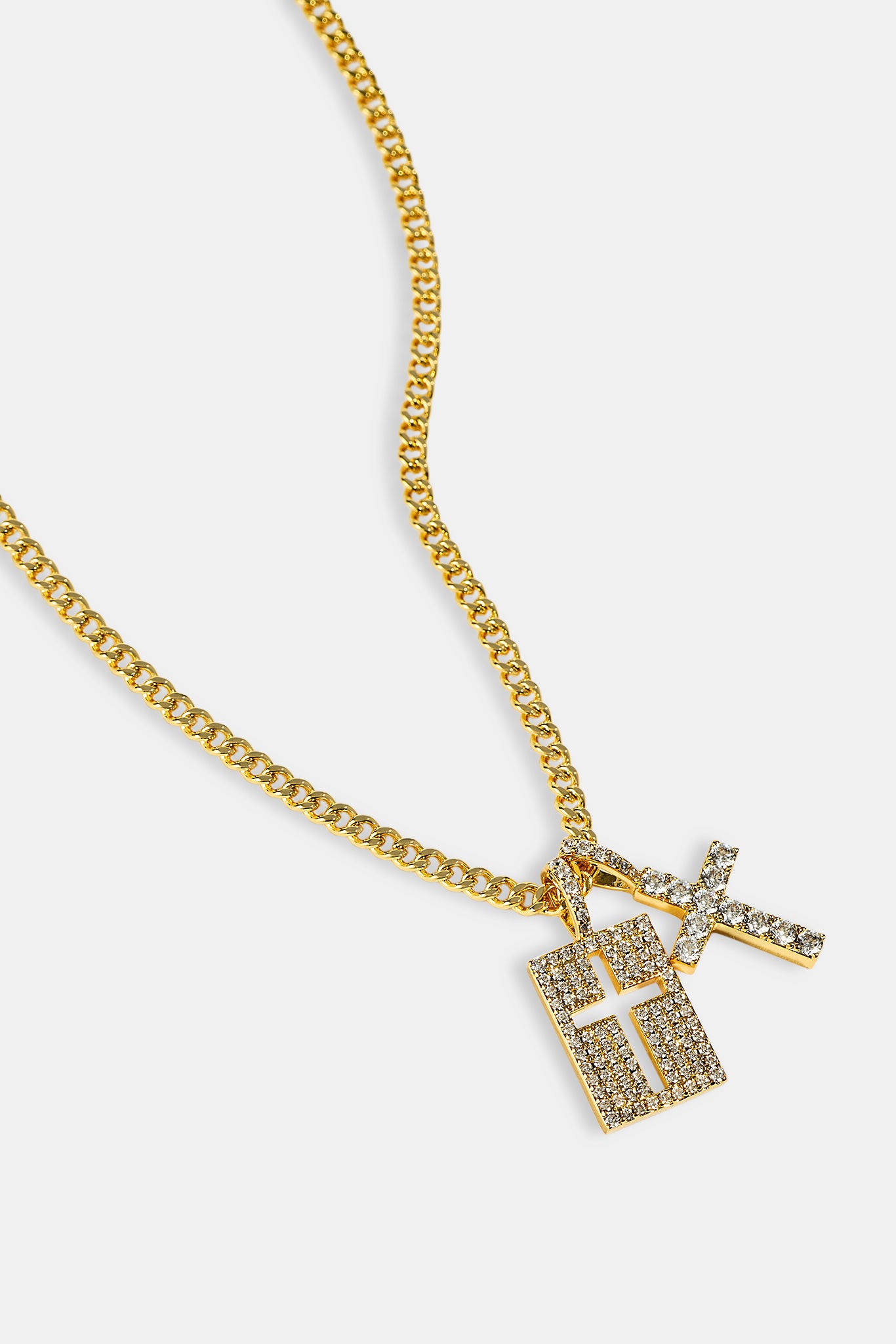 Iced Double Cross & Outline Necklace - 15mm - Gold