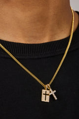 Iced Double Cross & Outline Necklace - 15mm - Gold
