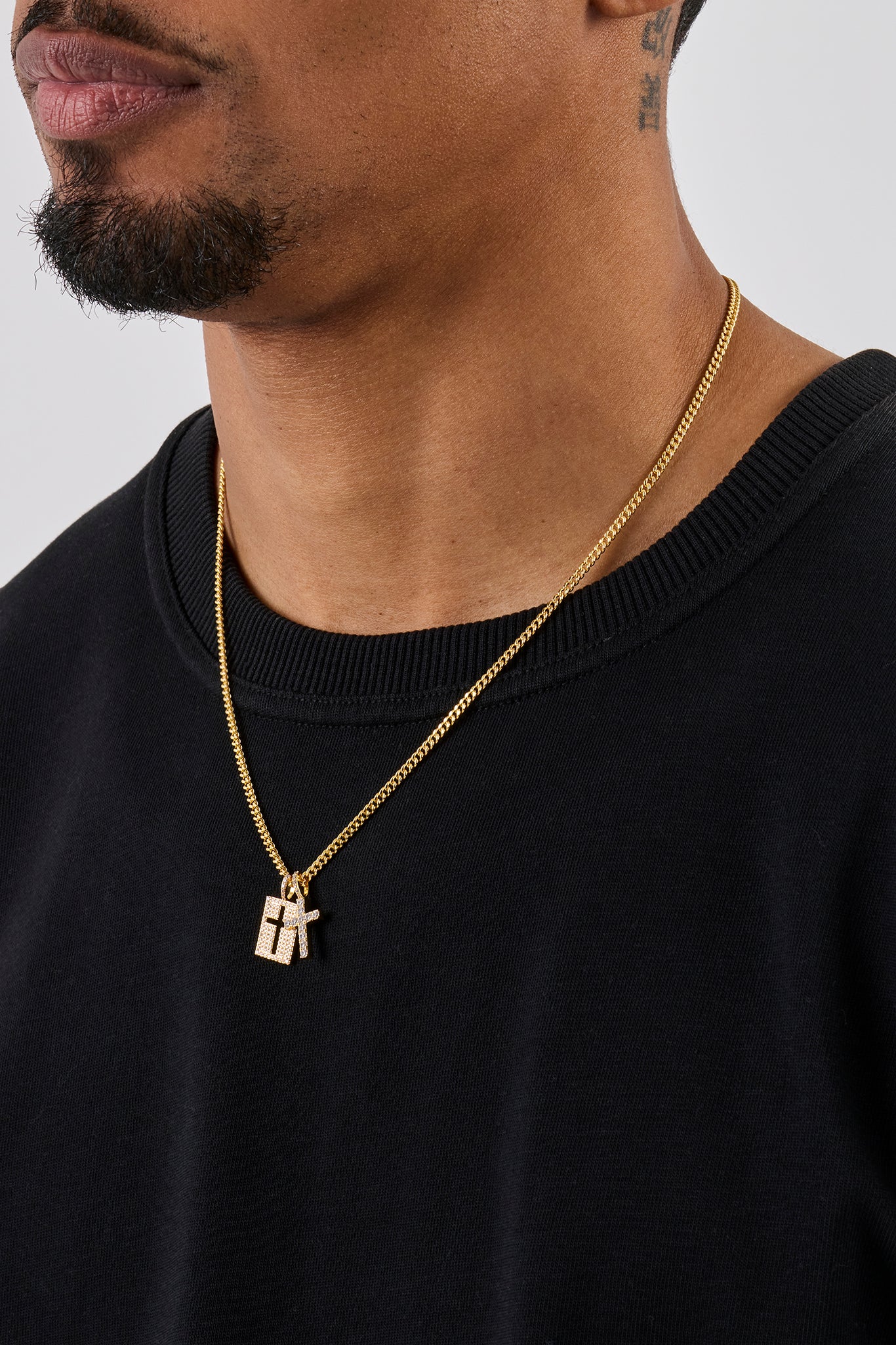 Iced Double Cross & Outline Necklace - 15mm - Gold