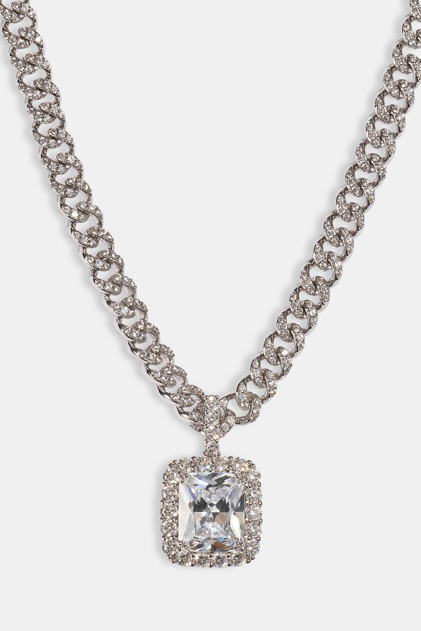 Iced Gemstone Pendant Cuban Necklace - 25mm - White
