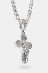 Iced Prayer Hand Cross Pendant Tennis Necklace - 40mm - White