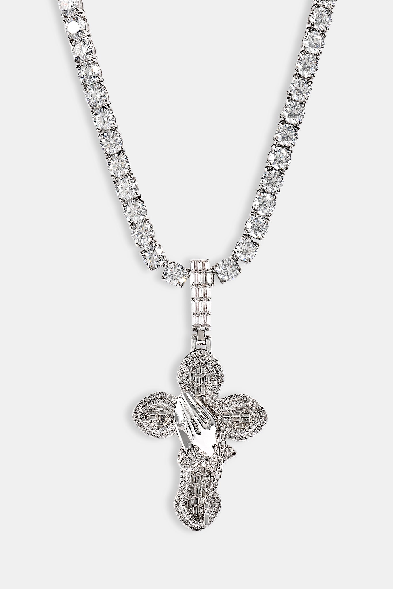 Iced Prayer Hand Cross Pendant Tennis Necklace - 40mm - White