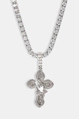 Iced Prayer Hand Cross Pendant Tennis Necklace - 40mm - White