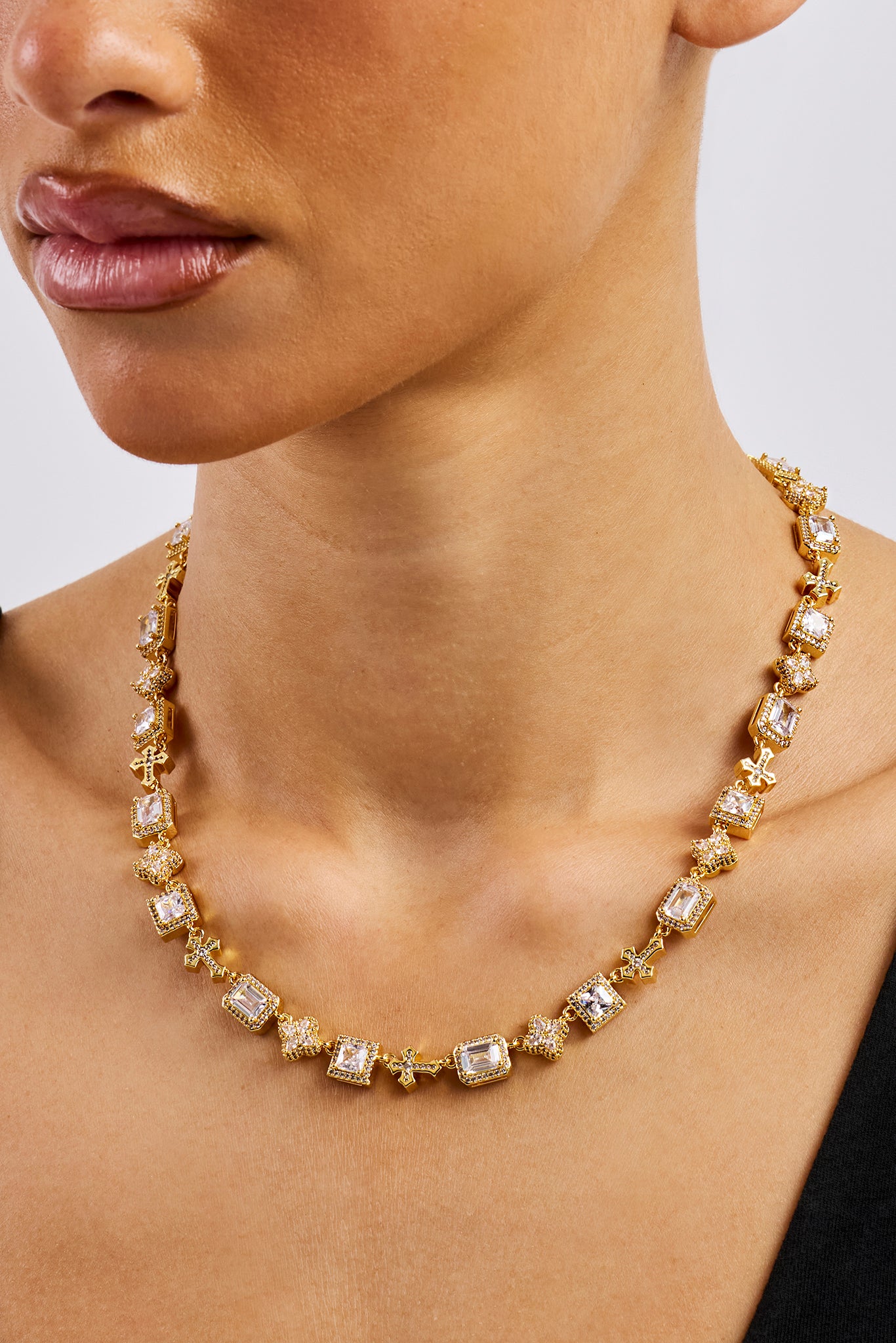 Clear Motif & Cross Gemstone Chain - 8mm - Gold