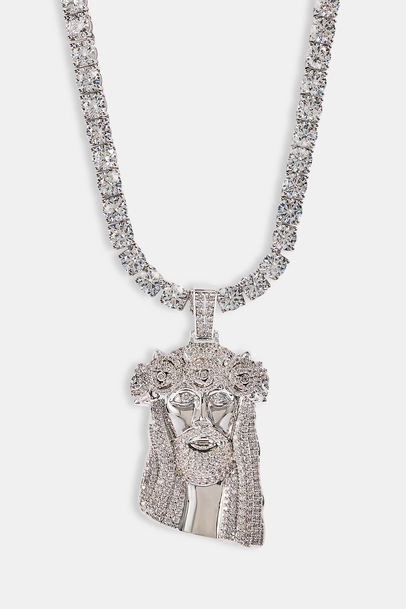 Iced Rose Portrait Pendant Tennis Necklace - 40mm - White