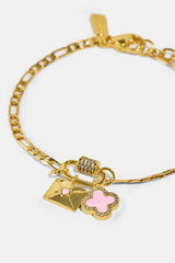 Iced Bar Pendant & Pink Enamel Motif Bracelet - 10mm - Gold