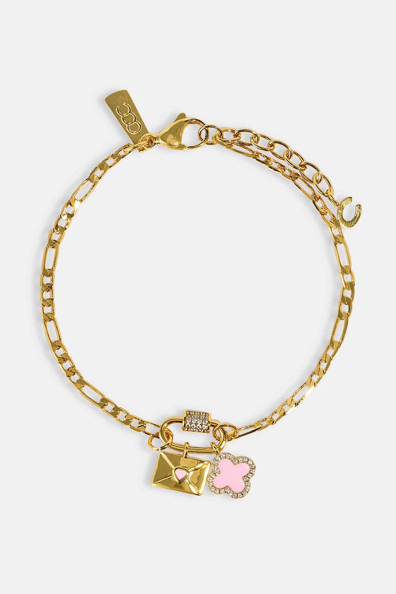 Iced Bar Pendant & Pink Enamel Motif Bracelet - 10mm - Gold