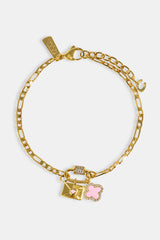 Iced Bar Pendant & Pink Enamel Motif Bracelet - 10mm - Gold