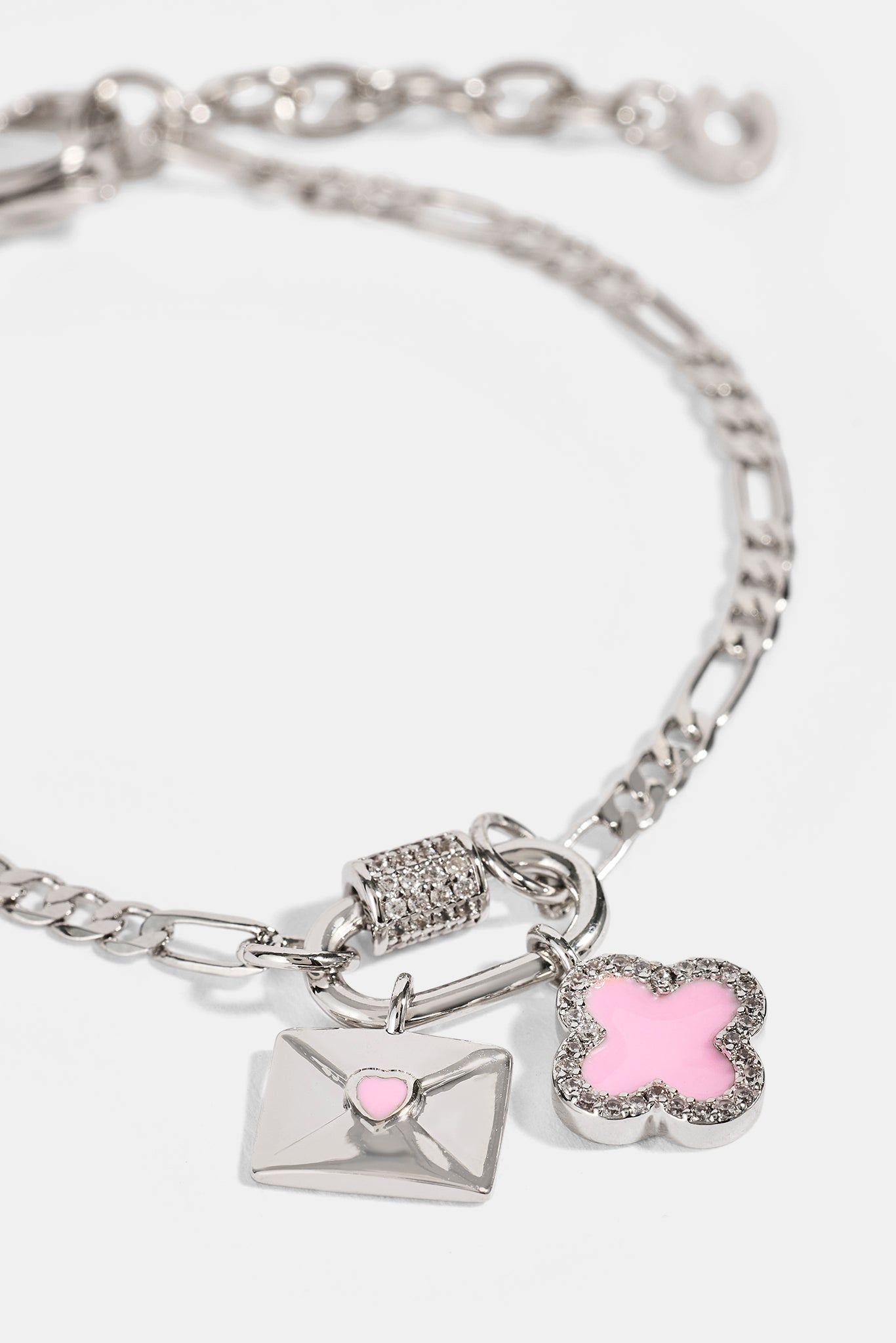 Iced Bar Pendant & Pink Enamel Motif Bracelet - 10mm - White