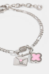 Iced Bar Pendant & Pink Enamel Motif Bracelet - 10mm - White