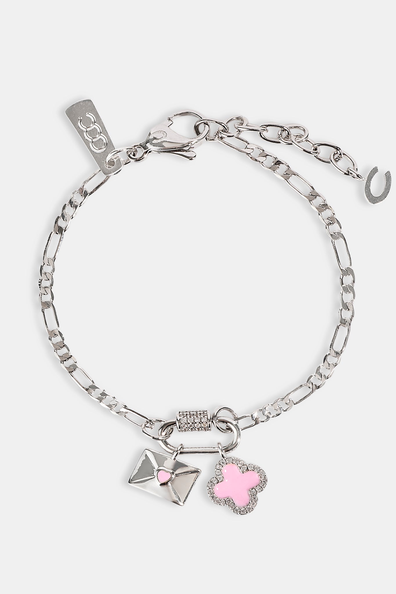 Iced Bar Pendant & Pink Enamel Motif Bracelet - 10mm - White