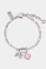 Iced Bar Pendant & Pink Enamel Motif Bracelet - 10mm - White