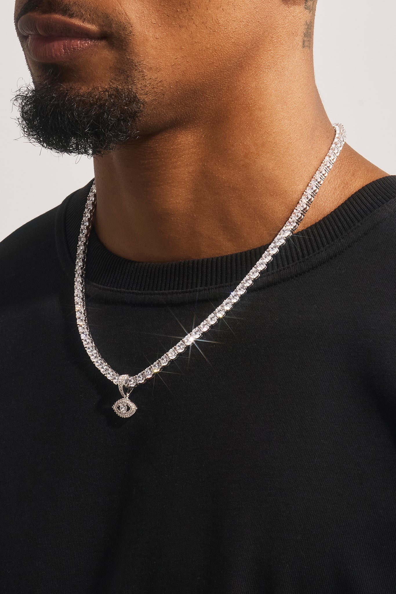 Iced Eye Pendant Tennis Necklace - 10mm - White